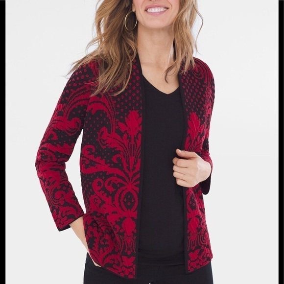 - NWT Red & Black Chico’s Pattern Jacquard Textured Knit Cardigan Sweater - Picture 1 of 11